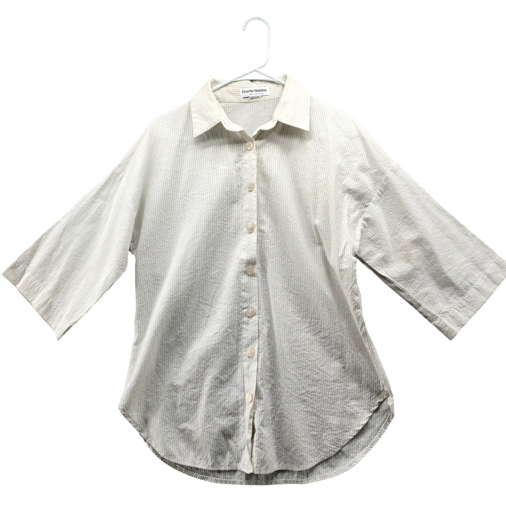 Charlie Holiday Oversized Button Down Shirt Womens S Beige White Striped